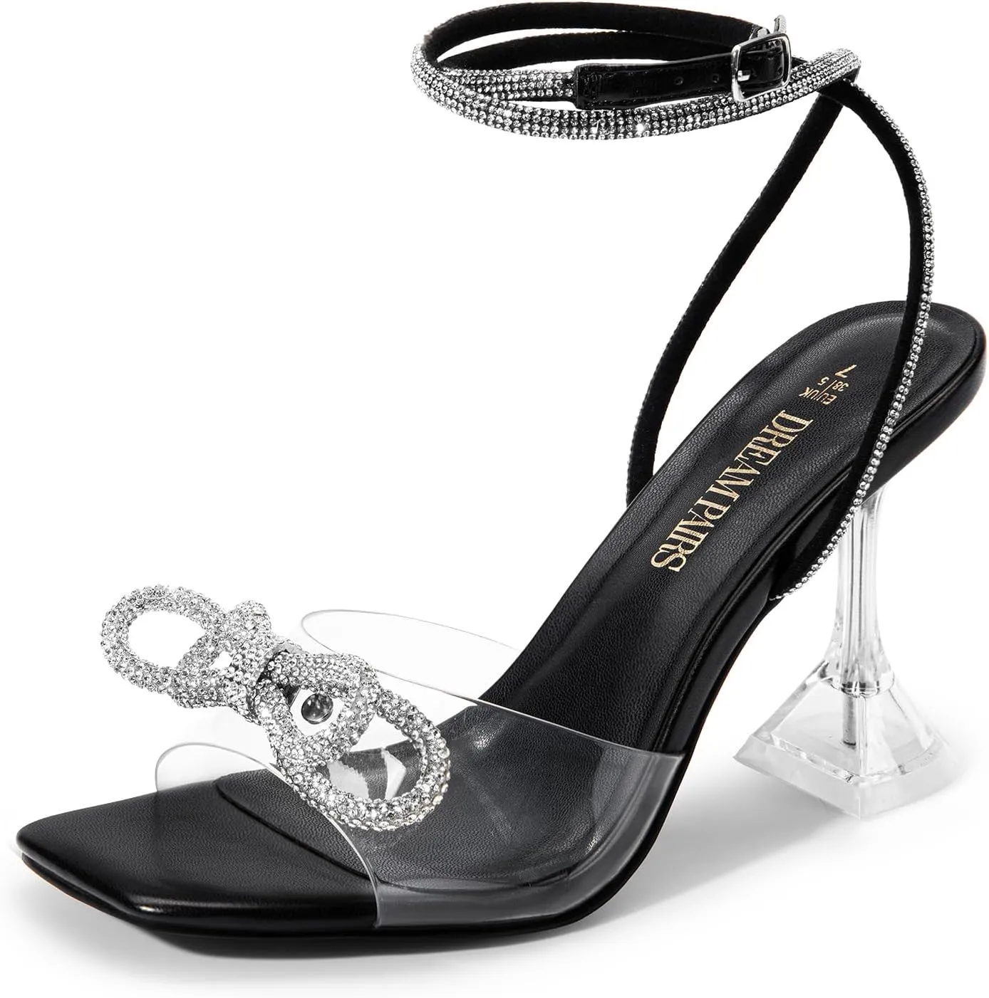 DREAM PAIRS Stiletto Bow Heels for Women Strappy Sparkly Rhinestone Square Toe Clear Crystal High Sandals for Party Wedding