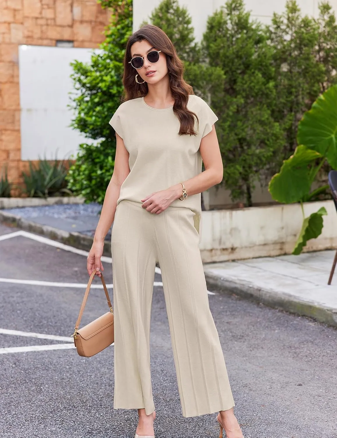 Ekouaer Lounge Sets for Women Two Piece Outfits Knit Cap Sleeve Tops Wide Leg Pleated Pants Casual Dressy Sweater Sets