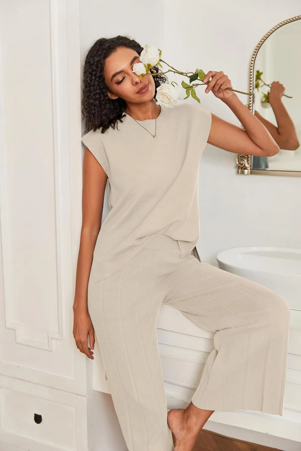 Ekouaer Lounge Sets for Women Two Piece Outfits Knit Cap Sleeve Tops Wide Leg Pleated Pants Casual Dressy Sweater Sets