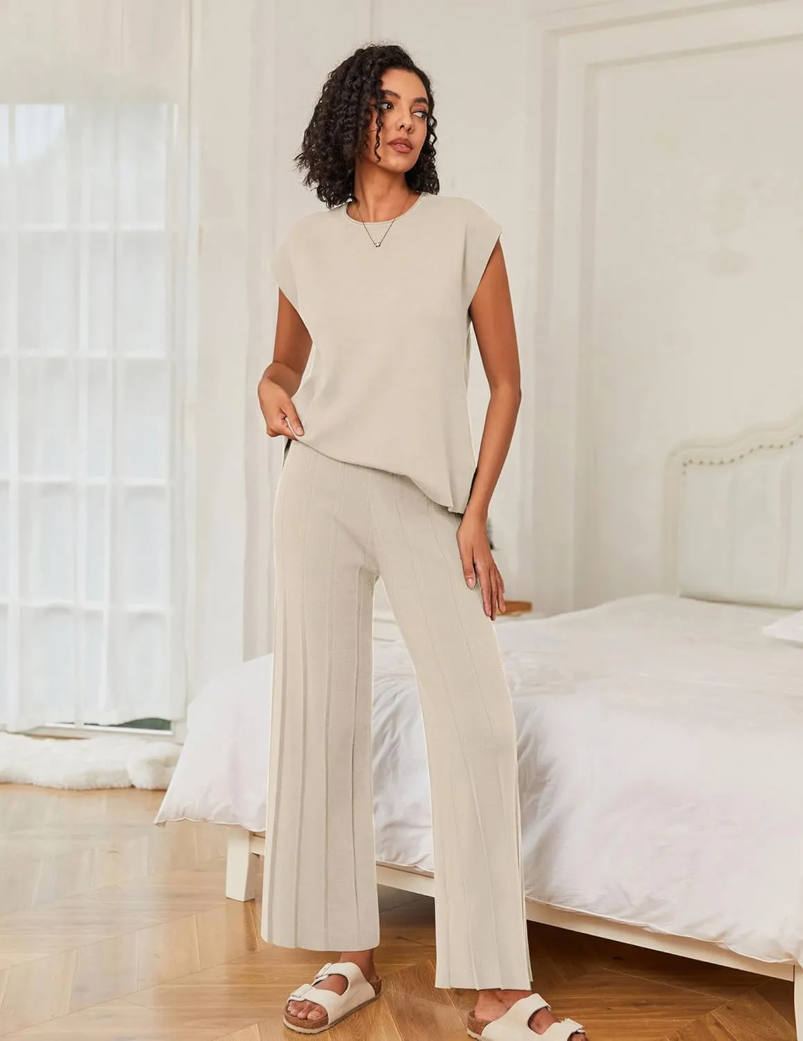 Ekouaer Lounge Sets for Women Two Piece Outfits Knit Cap Sleeve Tops Wide Leg Pleated Pants Casual Dressy Sweater Sets