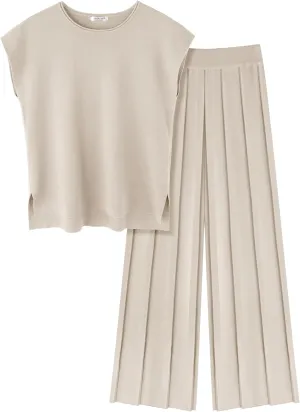 Ekouaer Lounge Sets for Women Two Piece Outfits Knit Cap Sleeve Tops Wide Leg Pleated Pants Casual Dressy Sweater Sets