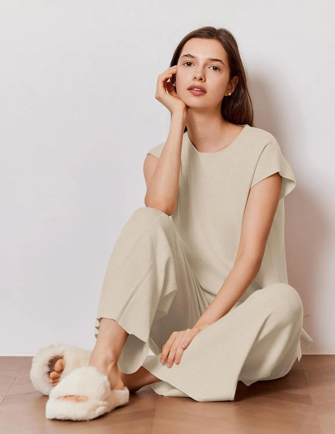 Ekouaer Lounge Sets for Women Two Piece Outfits Knit Cap Sleeve Tops Wide Leg Pleated Pants Casual Dressy Sweater Sets