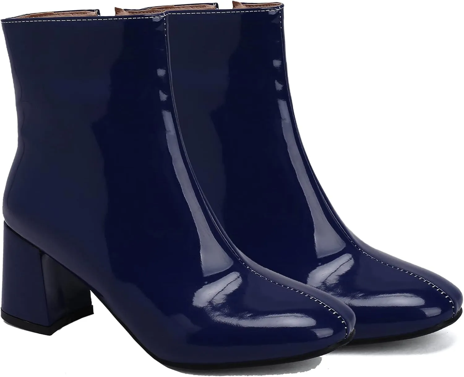 Elbslutt Women's Chunky Heeled Booties Patent Leather Square Toe Ankle Boots Zip Up Block Heel Wide Calf Short Boots