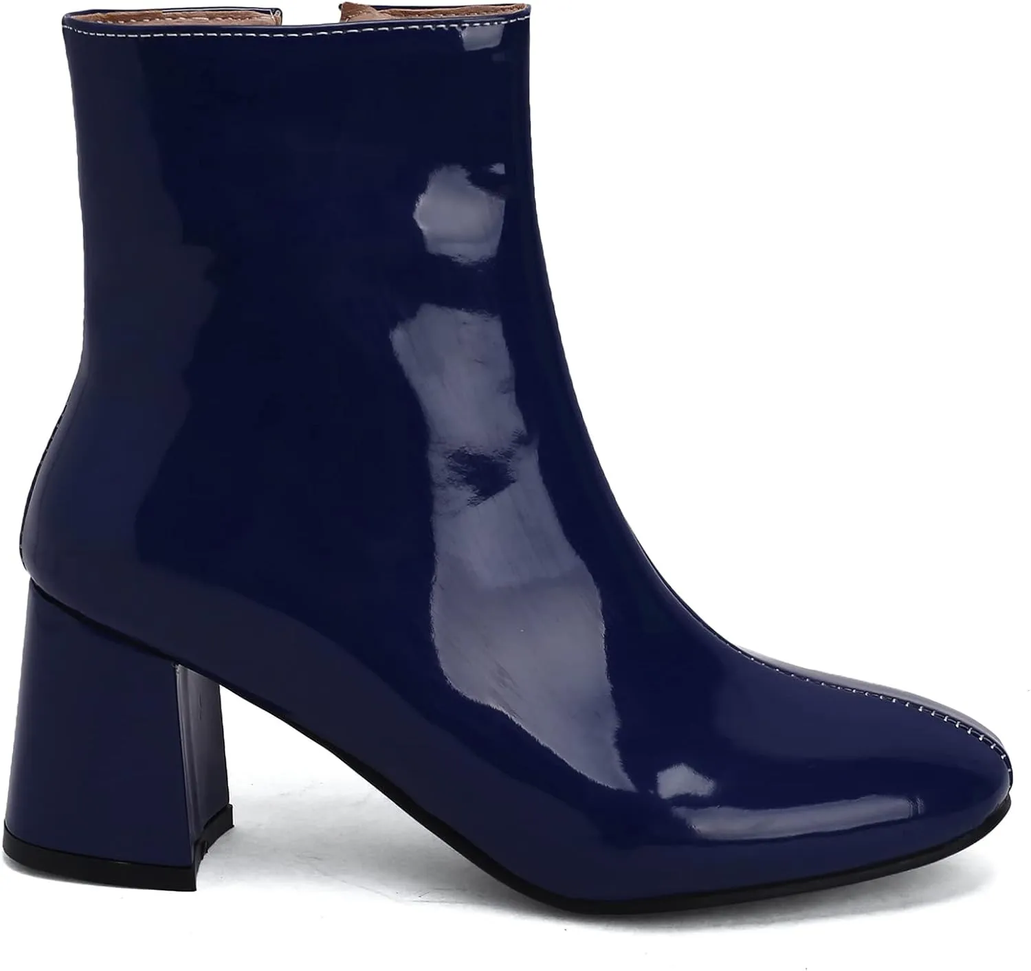 Elbslutt Women's Chunky Heeled Booties Patent Leather Square Toe Ankle Boots Zip Up Block Heel Wide Calf Short Boots