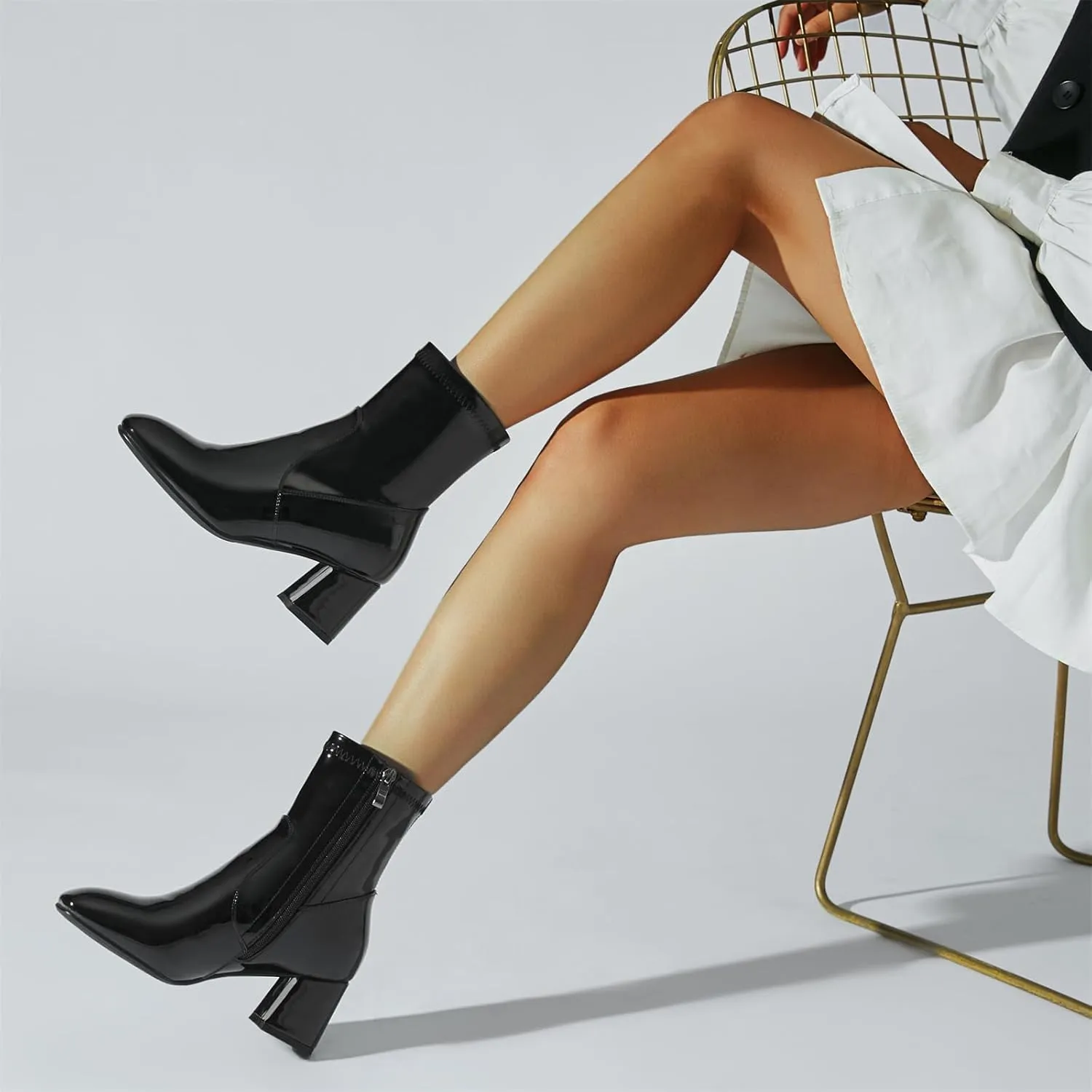 Elbslutt Women's Chunky Heeled Booties Patent Leather Square Toe Ankle Boots Zip Up Block Heel Wide Calf Short Boots