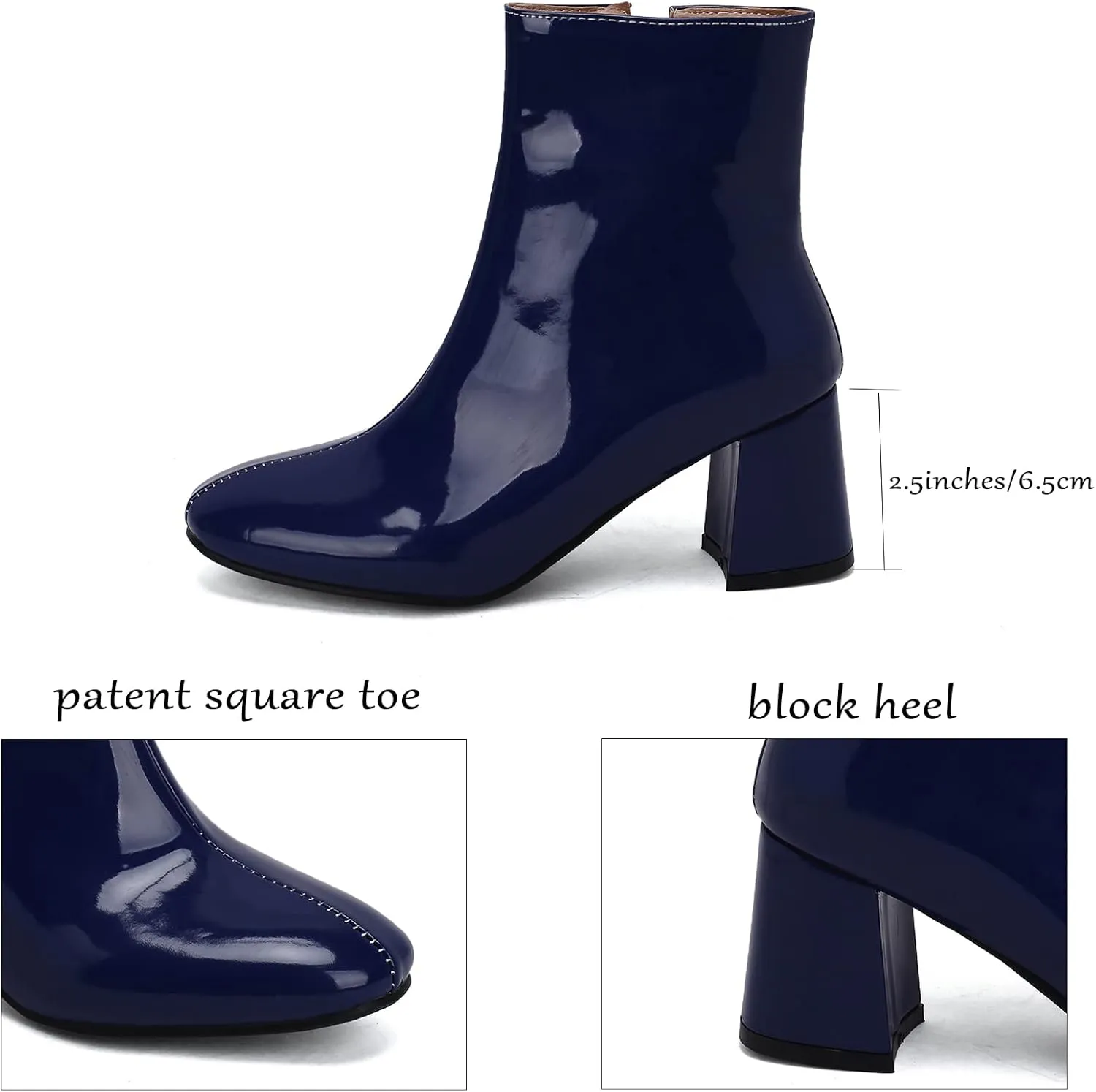 Elbslutt Women's Chunky Heeled Booties Patent Leather Square Toe Ankle Boots Zip Up Block Heel Wide Calf Short Boots