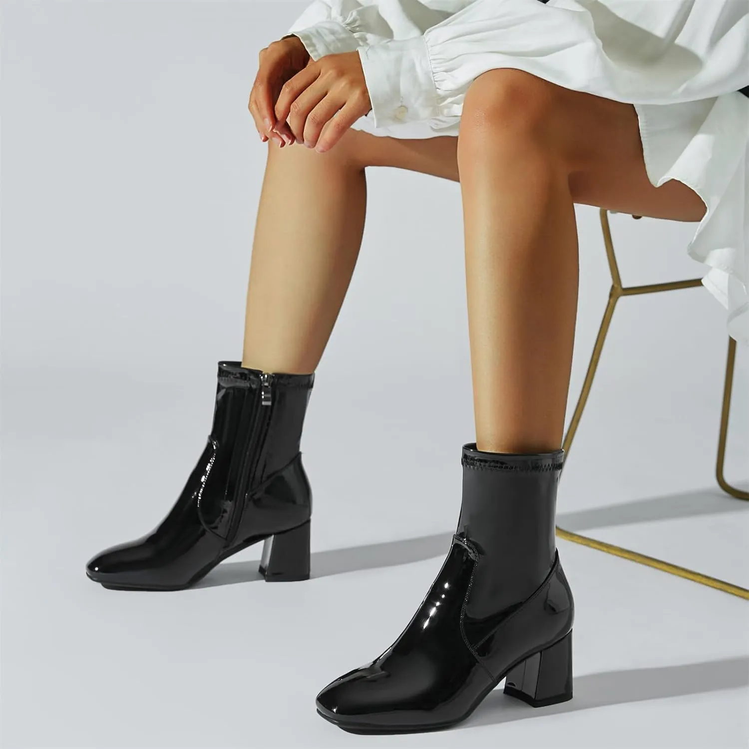 Elbslutt Women's Chunky Heeled Booties Patent Leather Square Toe Ankle Boots Zip Up Block Heel Wide Calf Short Boots