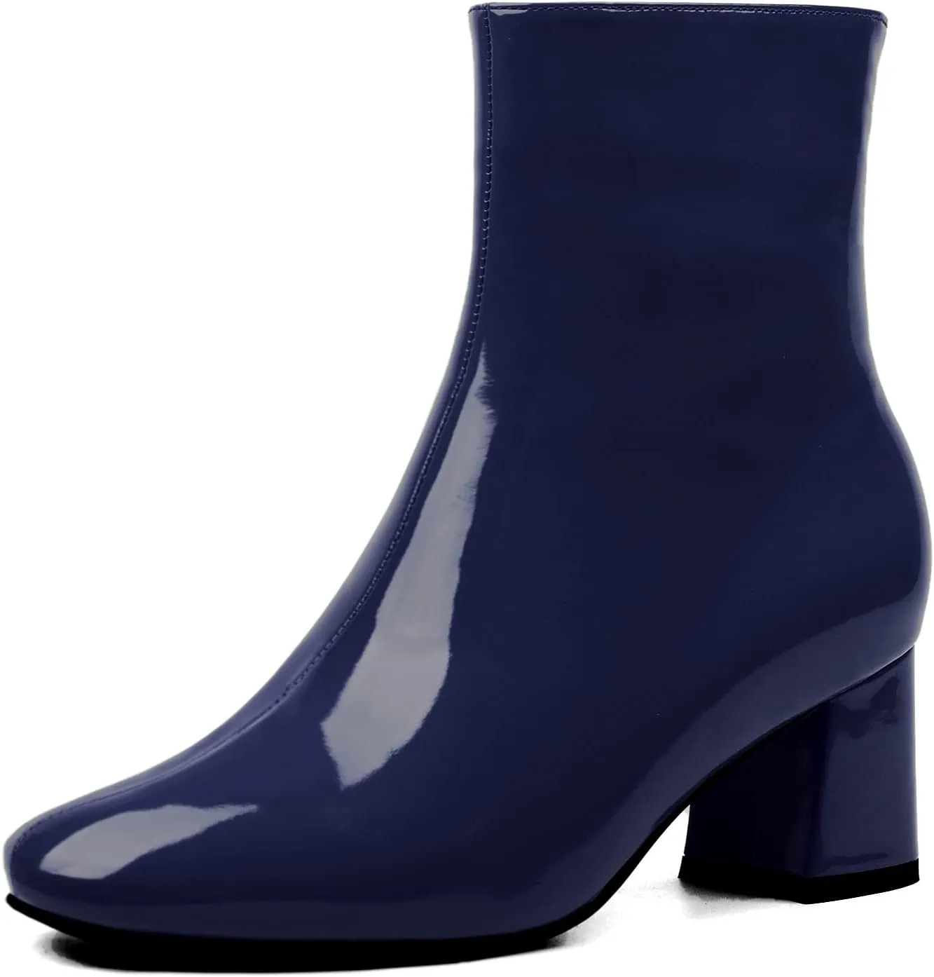 Elbslutt Women's Chunky Heeled Booties Patent Leather Square Toe Ankle Boots Zip Up Block Heel Wide Calf Short Boots