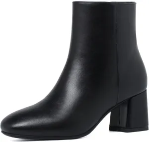 Elbslutt Women's Chunky Heeled Booties Patent Leather Square Toe Ankle Boots Zip Up Block Heel Wide Calf Short Boots