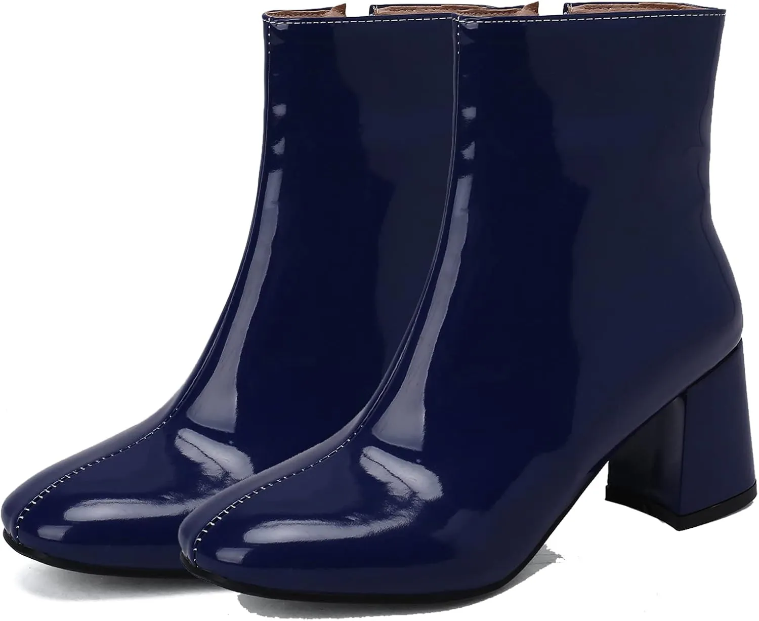 Elbslutt Women's Chunky Heeled Booties Patent Leather Square Toe Ankle Boots Zip Up Block Heel Wide Calf Short Boots