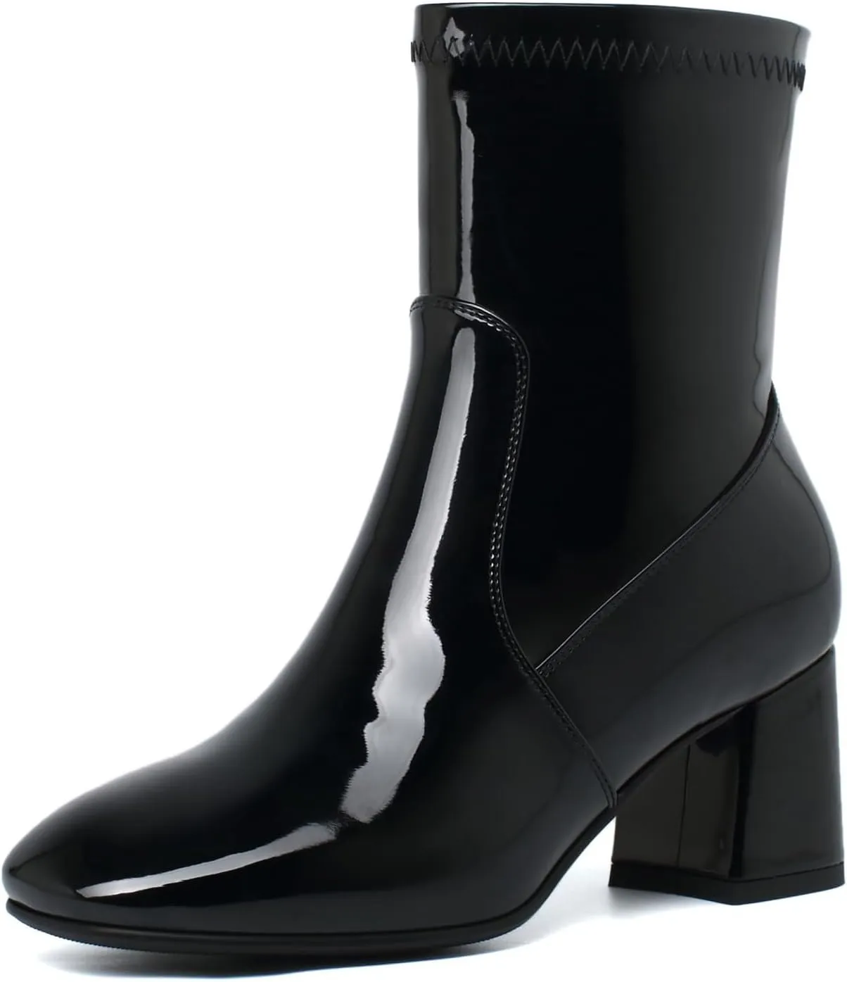 Elbslutt Women's Chunky Heeled Booties Patent Leather Square Toe Ankle Boots Zip Up Block Heel Wide Calf Short Boots