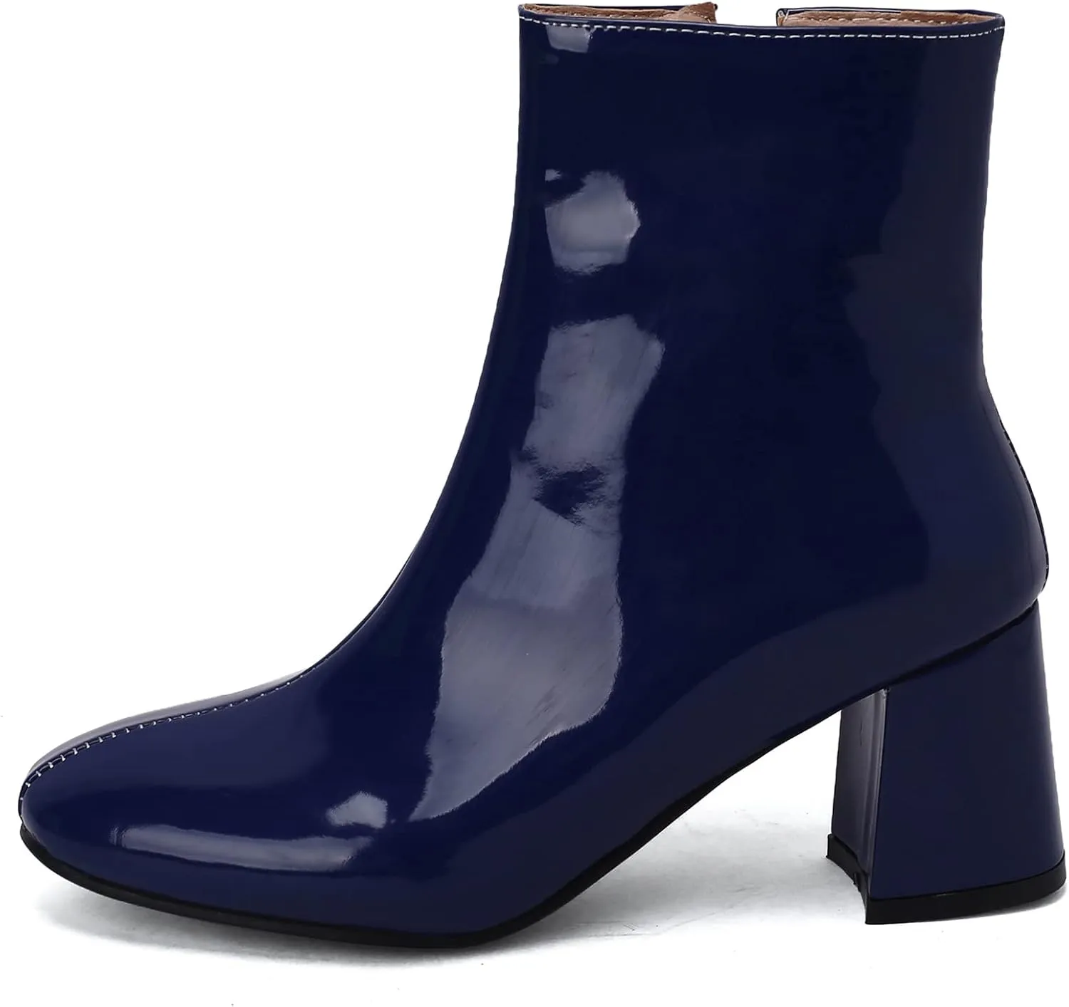 Elbslutt Women's Chunky Heeled Booties Patent Leather Square Toe Ankle Boots Zip Up Block Heel Wide Calf Short Boots