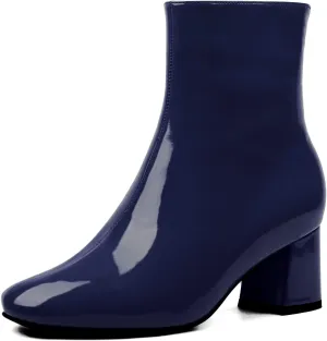 Elbslutt Women's Chunky Heeled Booties Patent Leather Square Toe Ankle Boots Zip Up Block Heel Wide Calf Short Boots