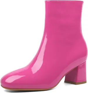 Elbslutt Women's Chunky Heeled Booties Patent Leather Square Toe Ankle Boots Zip Up Block Heel Wide Calf Short Boots