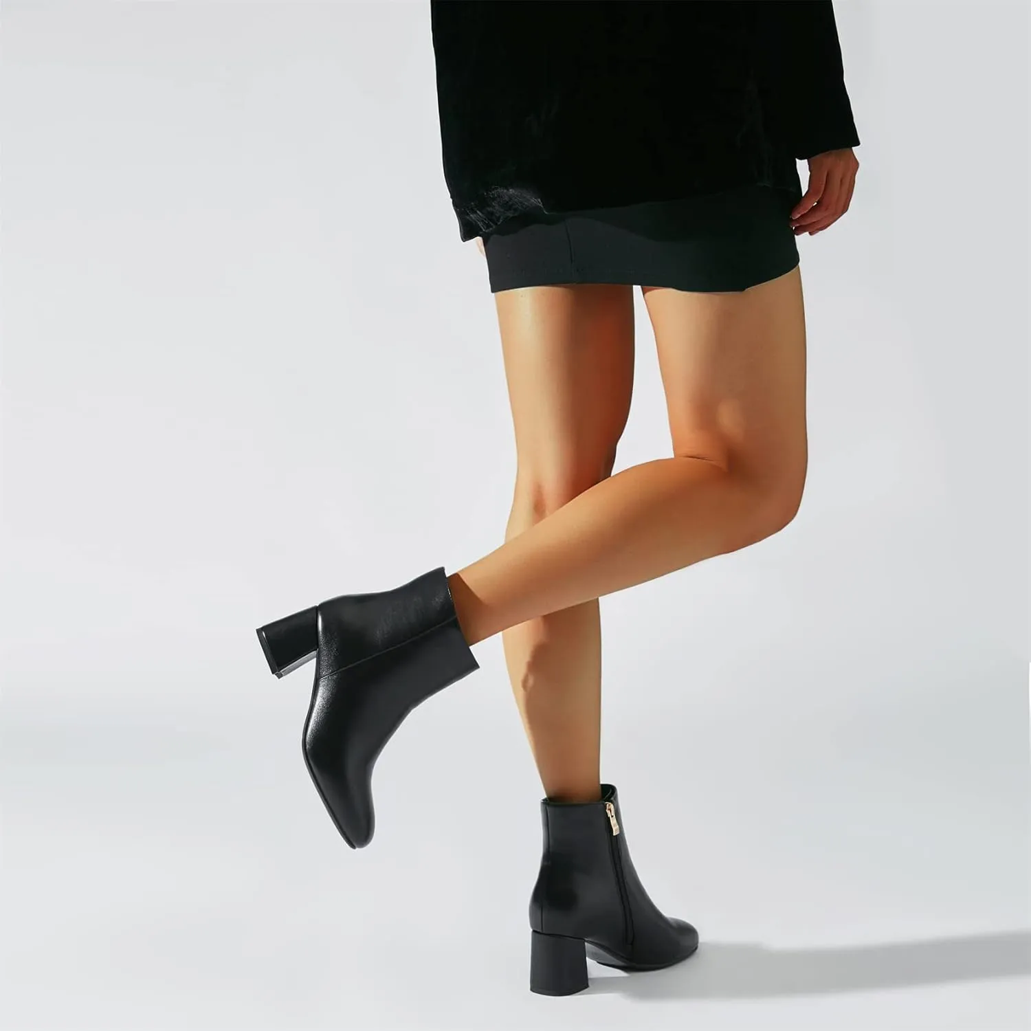Elbslutt Women's Chunky Heeled Booties Patent Leather Square Toe Ankle Boots Zip Up Block Heel Wide Calf Short Boots