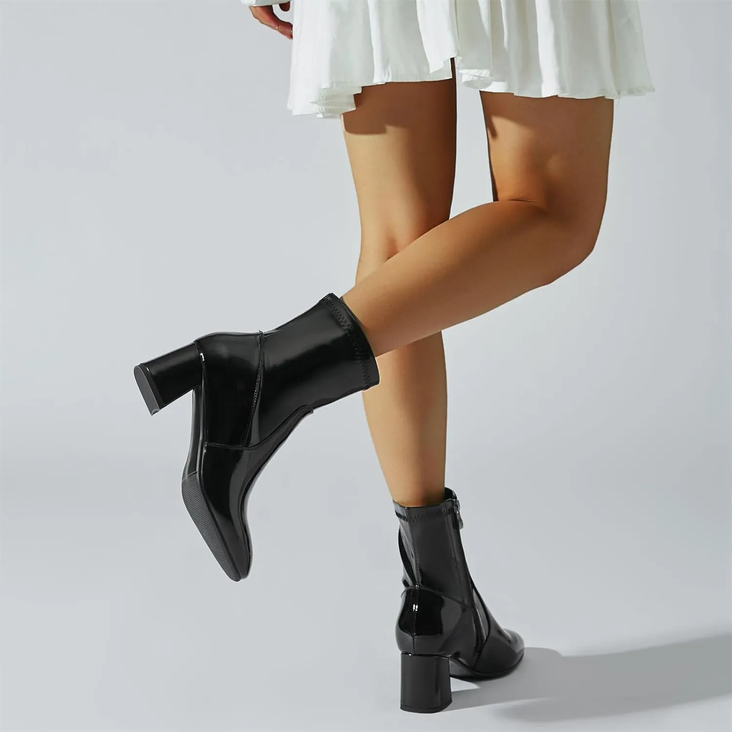 Elbslutt Women's Chunky Heeled Booties Patent Leather Square Toe Ankle Boots Zip Up Block Heel Wide Calf Short Boots