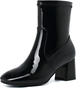 Elbslutt Women's Chunky Heeled Booties Patent Leather Square Toe Ankle Boots Zip Up Block Heel Wide Calf Short Boots