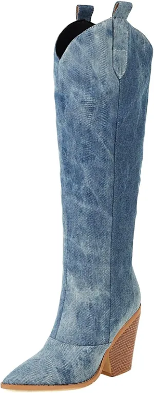 Elbslutt Women's Denim Knee High Cowboy Boots Pointed Toe Stacked Heels Western Cowgirl Boots Chunky Block Heeled Pull On Long Boots