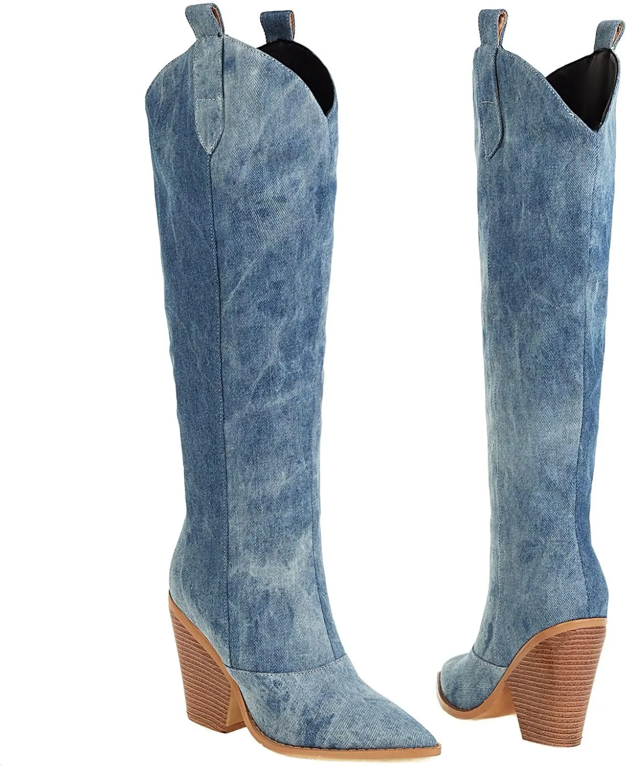 Elbslutt Women's Denim Knee High Cowboy Boots Pointed Toe Stacked Heels Western Cowgirl Boots Chunky Block Heeled Pull On Long Boots