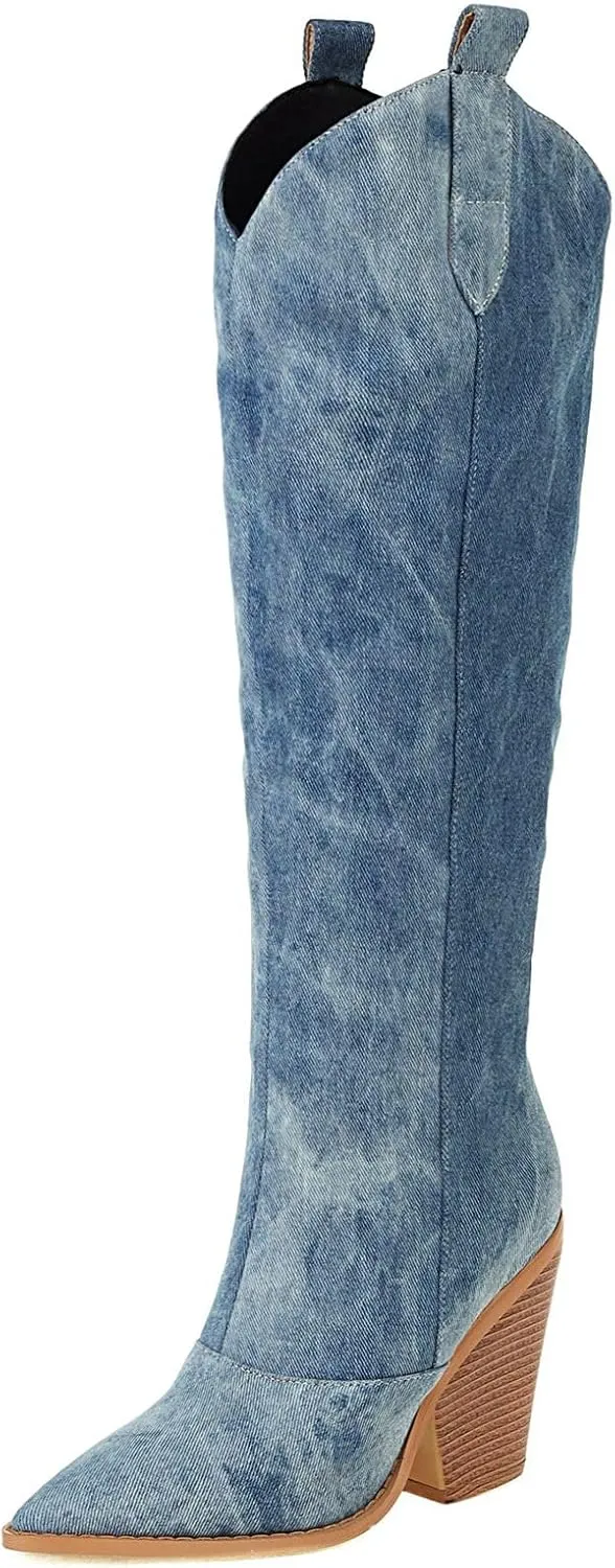 Elbslutt Women's Denim Knee High Cowboy Boots Pointed Toe Stacked Heels Western Cowgirl Boots Chunky Block Heeled Pull On Long Boots