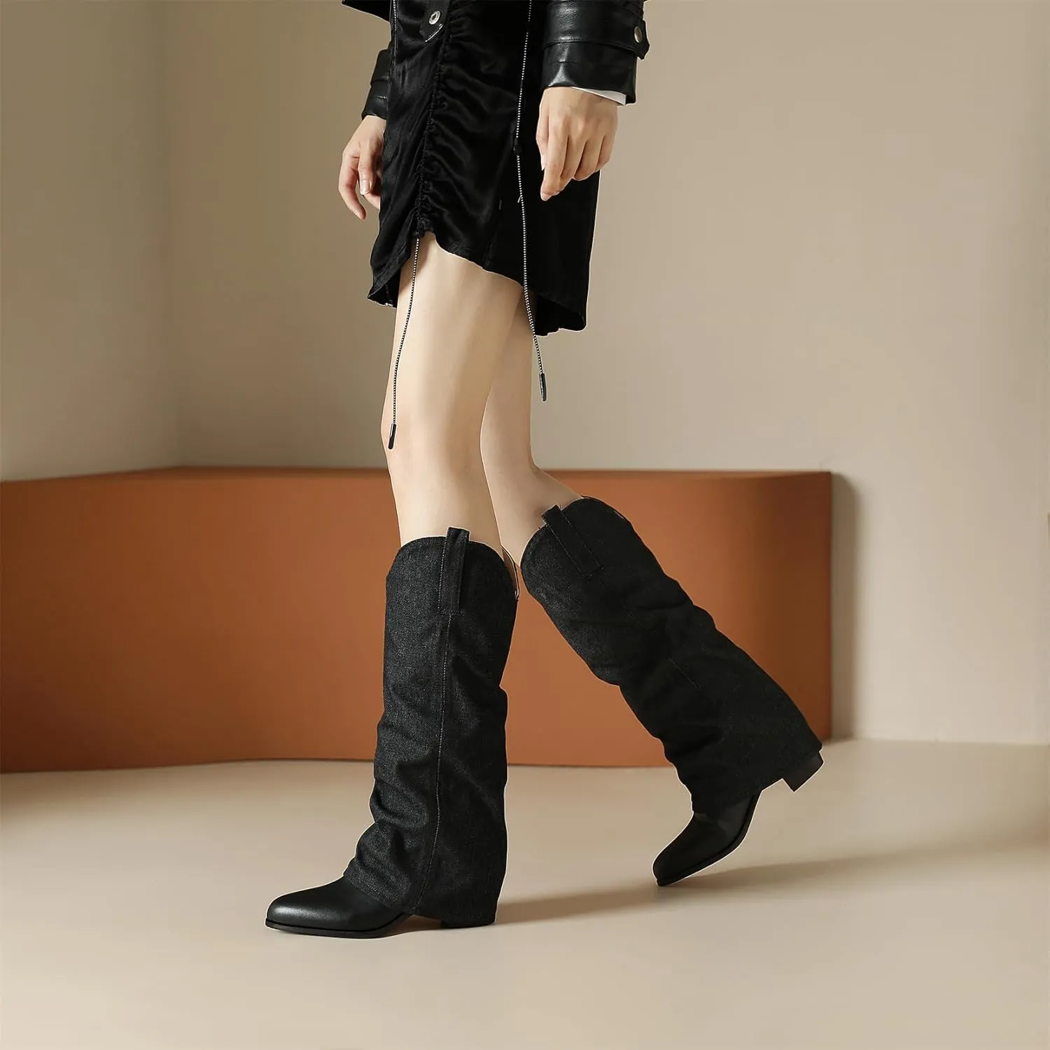 Elbslutt Women's Fold Over Knee High Boots Denim Cowboy Western Chunky Stacked Heel Pointed Toe Pull On Cowgirl Mid Calf Slouch Boots
