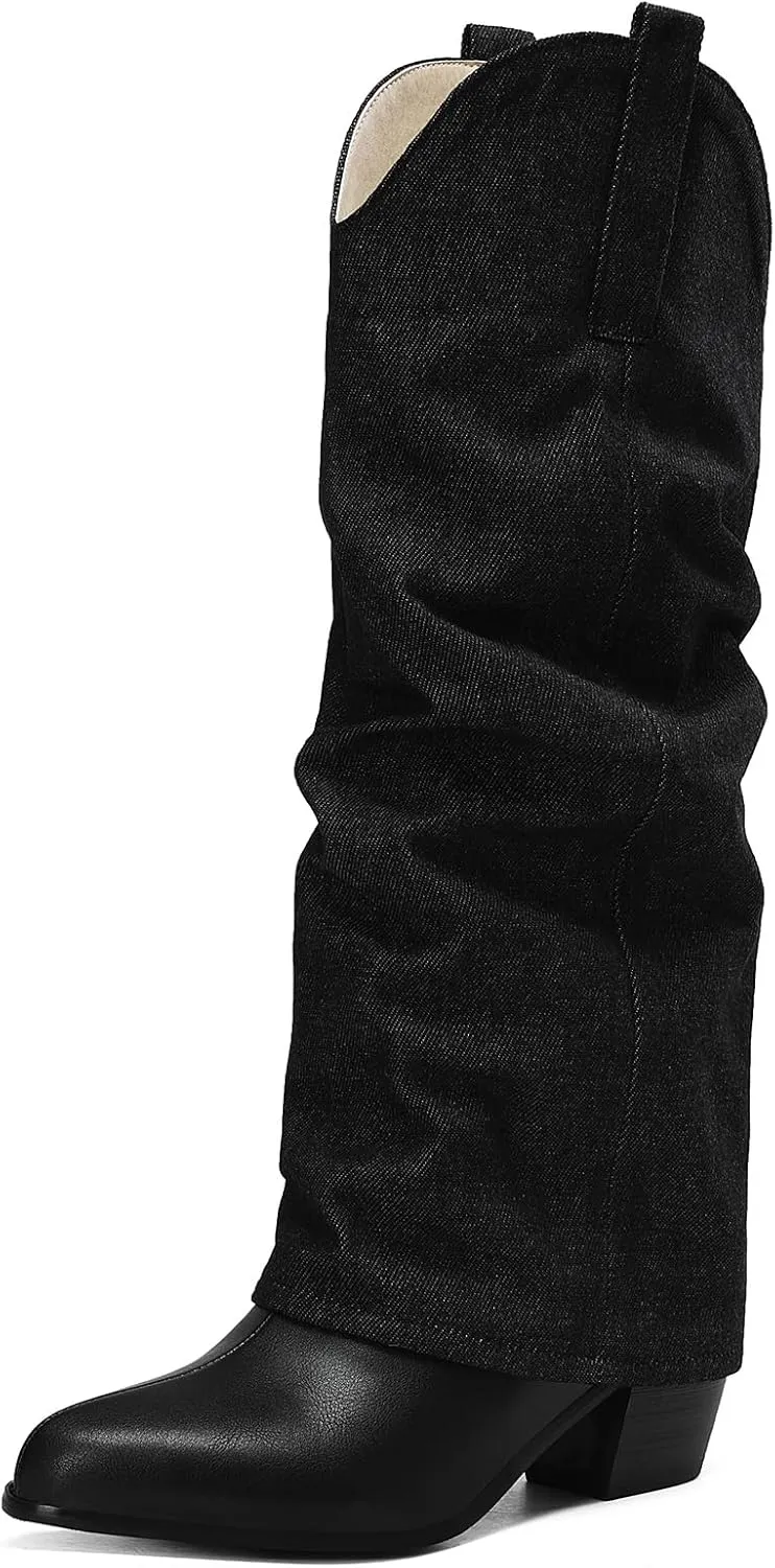 Elbslutt Women's Fold Over Knee High Boots Denim Cowboy Western Chunky Stacked Heel Pointed Toe Pull On Cowgirl Mid Calf Slouch Boots