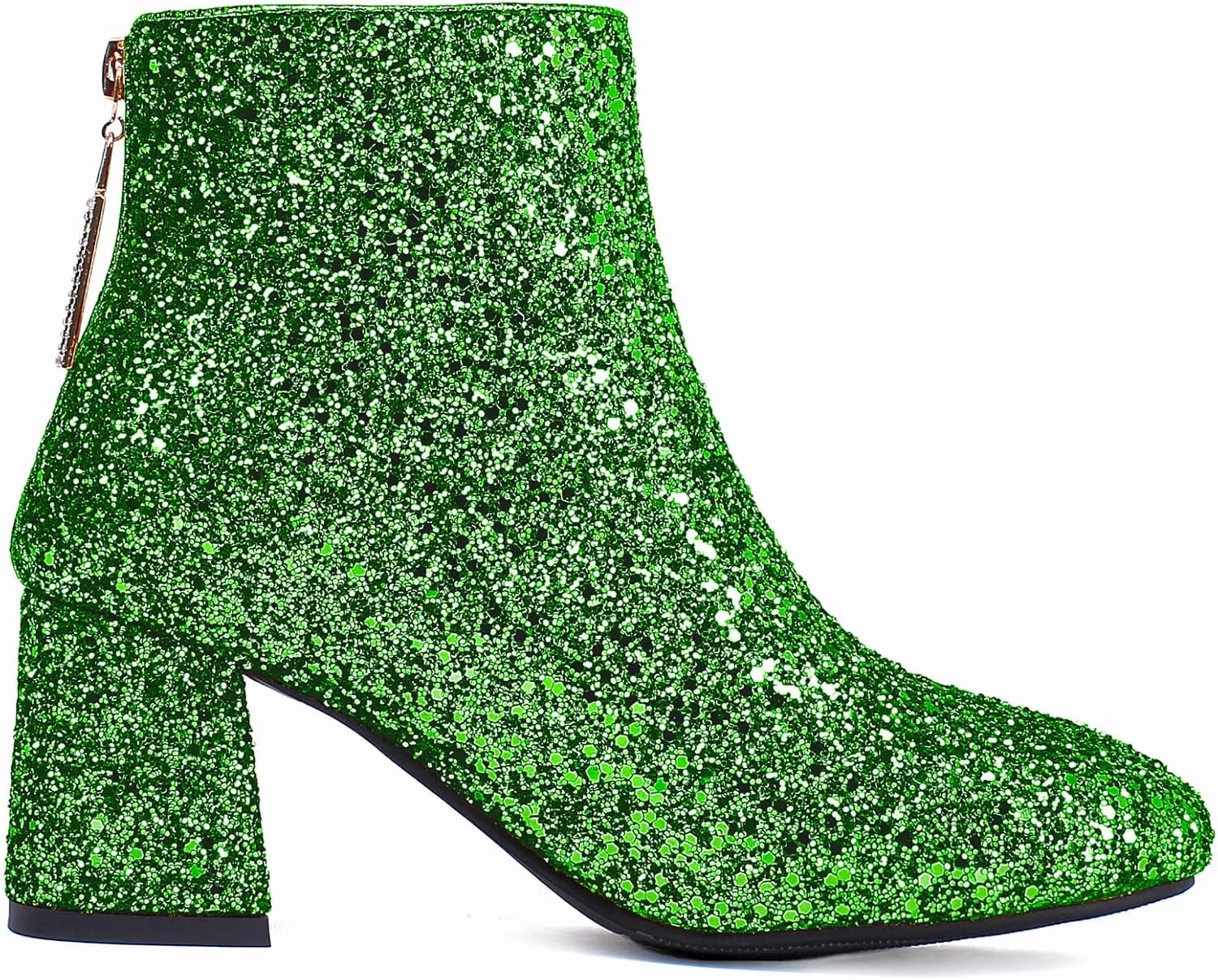 Elbslutt Women's Glitter Sparkly Booties Chunky Heels Ankle Boots Back Zipper Block Heeled Short Sequin Boots Wedding Bridal Party Dress Shoes
