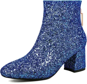 Elbslutt Women's Glitter Sparkly Booties Chunky Heels Ankle Boots Back Zipper Block Heeled Short Sequin Boots Wedding Bridal Party Dress Shoes
