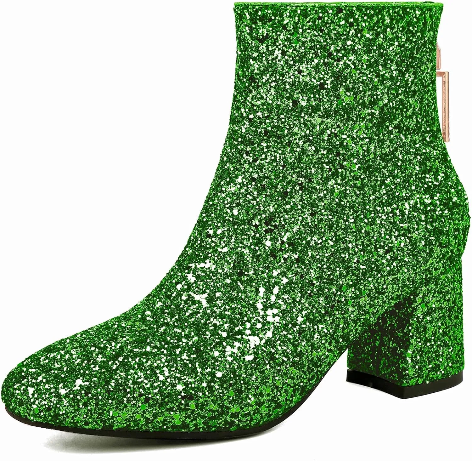 Elbslutt Women's Glitter Sparkly Booties Chunky Heels Ankle Boots Back Zipper Block Heeled Short Sequin Boots Wedding Bridal Party Dress Shoes