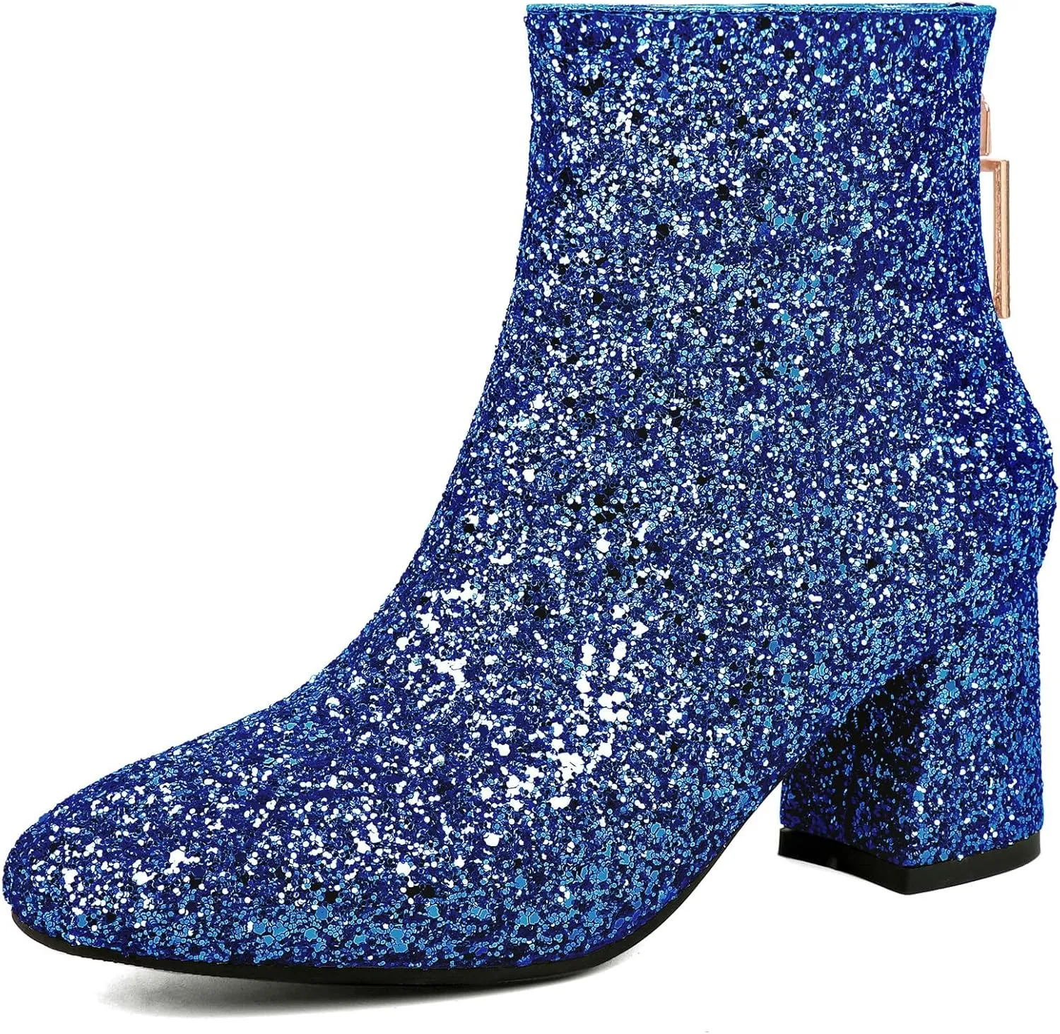 Elbslutt Women's Glitter Sparkly Booties Chunky Heels Ankle Boots Back Zipper Block Heeled Short Sequin Boots Wedding Bridal Party Dress Shoes