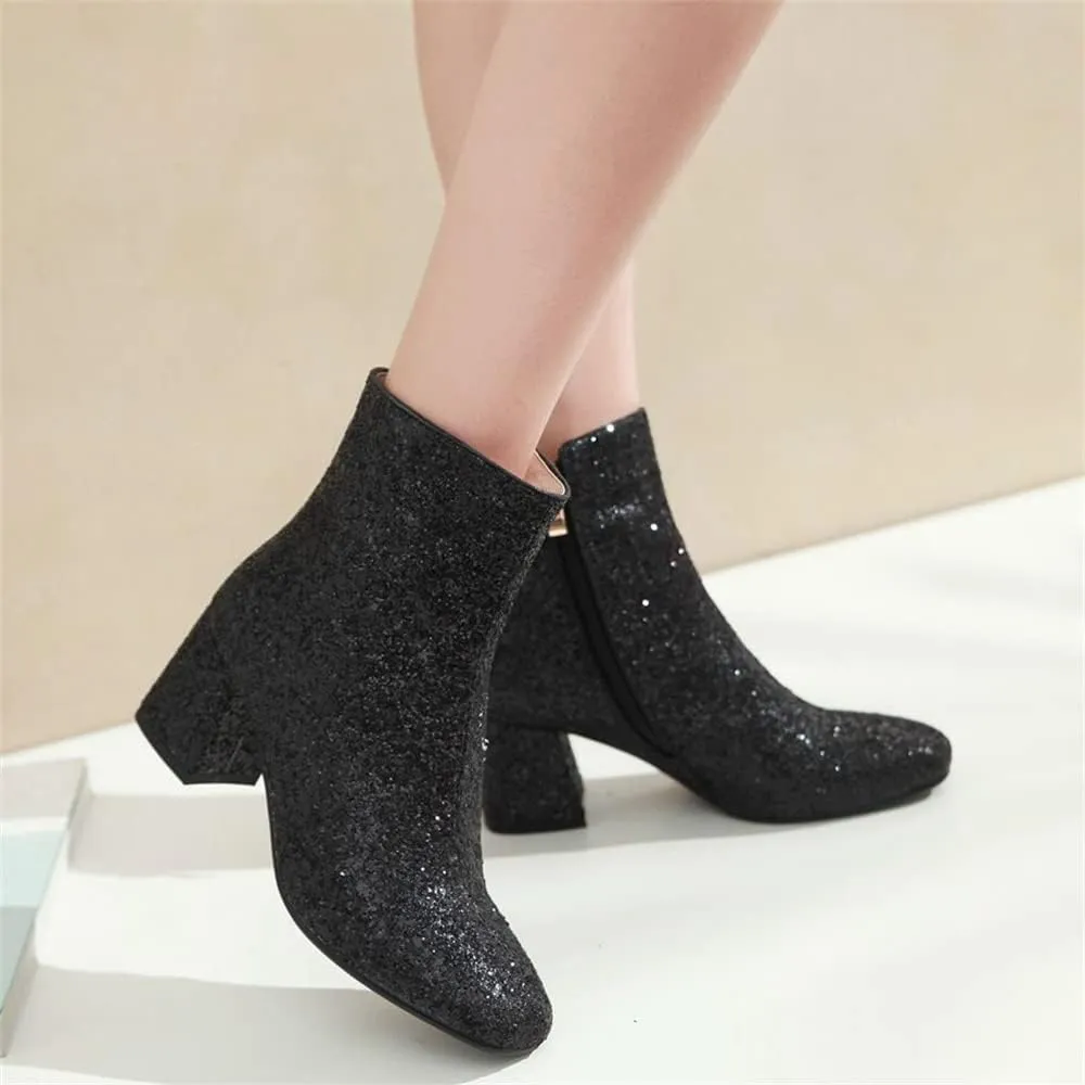 Elbslutt Women's Glitter Sparkly Booties Chunky Heels Ankle Boots Back Zipper Block Heeled Short Sequin Boots Wedding Bridal Party Dress Shoes