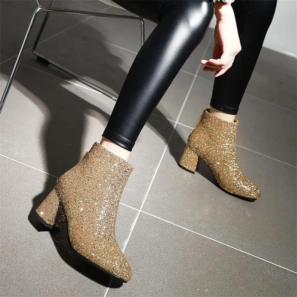 Elbslutt Women's Glitter Sparkly Booties Chunky Heels Ankle Boots Back Zipper Block Heeled Short Sequin Boots Wedding Bridal Party Dress Shoes