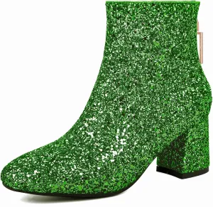 Elbslutt Women's Glitter Sparkly Booties Chunky Heels Ankle Boots Back Zipper Block Heeled Short Sequin Boots Wedding Bridal Party Dress Shoes