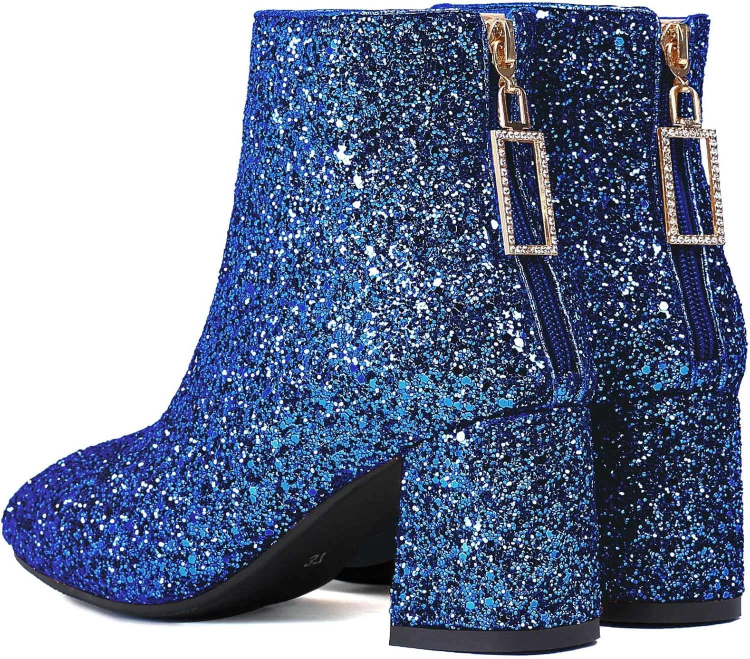 Elbslutt Women's Glitter Sparkly Booties Chunky Heels Ankle Boots Back Zipper Block Heeled Short Sequin Boots Wedding Bridal Party Dress Shoes