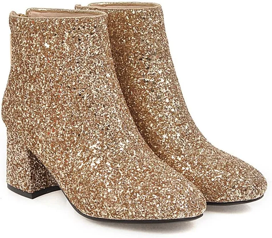 Elbslutt Women's Glitter Sparkly Booties Chunky Heels Ankle Boots Back Zipper Block Heeled Short Sequin Boots Wedding Bridal Party Dress Shoes