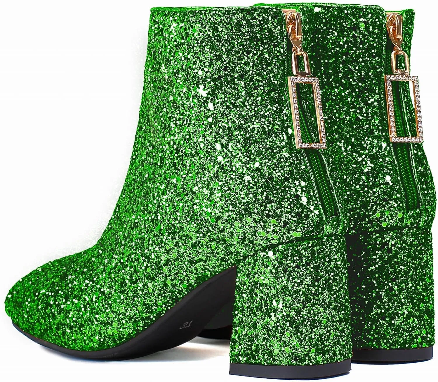 Elbslutt Women's Glitter Sparkly Booties Chunky Heels Ankle Boots Back Zipper Block Heeled Short Sequin Boots Wedding Bridal Party Dress Shoes
