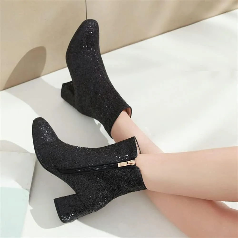 Elbslutt Women's Glitter Sparkly Booties Chunky Heels Ankle Boots Back Zipper Block Heeled Short Sequin Boots Wedding Bridal Party Dress Shoes