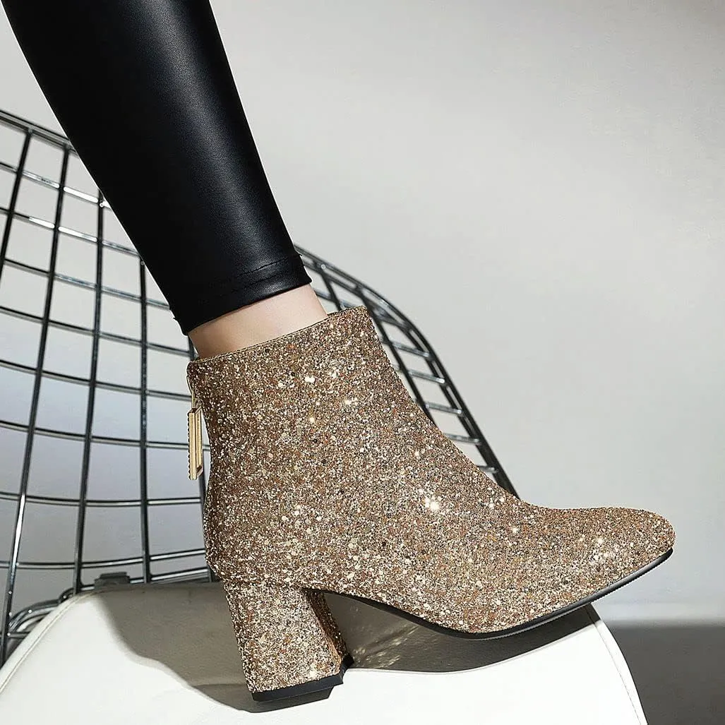Elbslutt Women's Glitter Sparkly Booties Chunky Heels Ankle Boots Back Zipper Block Heeled Short Sequin Boots Wedding Bridal Party Dress Shoes