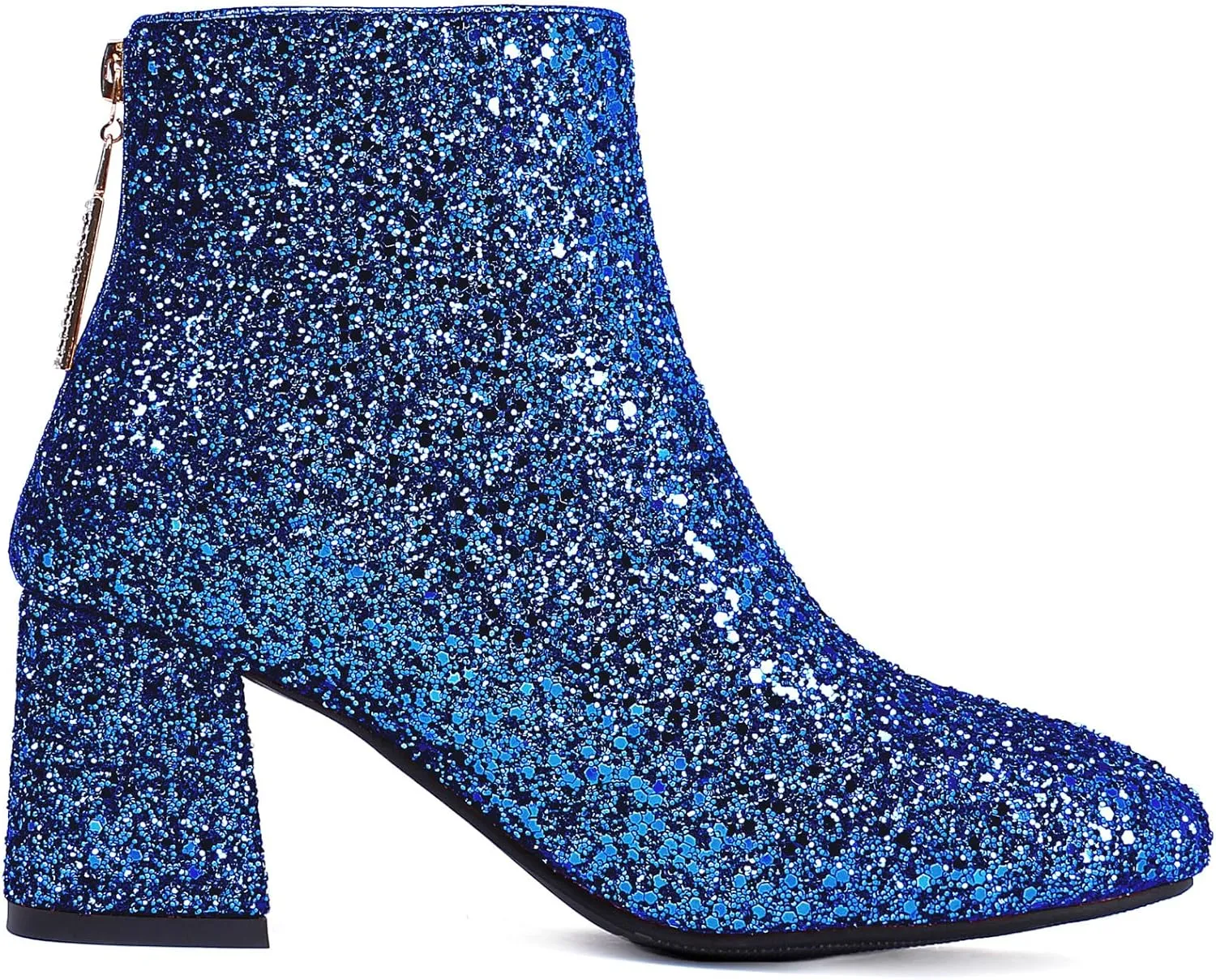 Elbslutt Women's Glitter Sparkly Booties Chunky Heels Ankle Boots Back Zipper Block Heeled Short Sequin Boots Wedding Bridal Party Dress Shoes