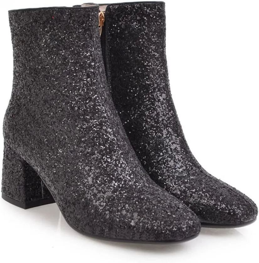 Elbslutt Women's Glitter Sparkly Booties Chunky Heels Ankle Boots Back Zipper Block Heeled Short Sequin Boots Wedding Bridal Party Dress Shoes