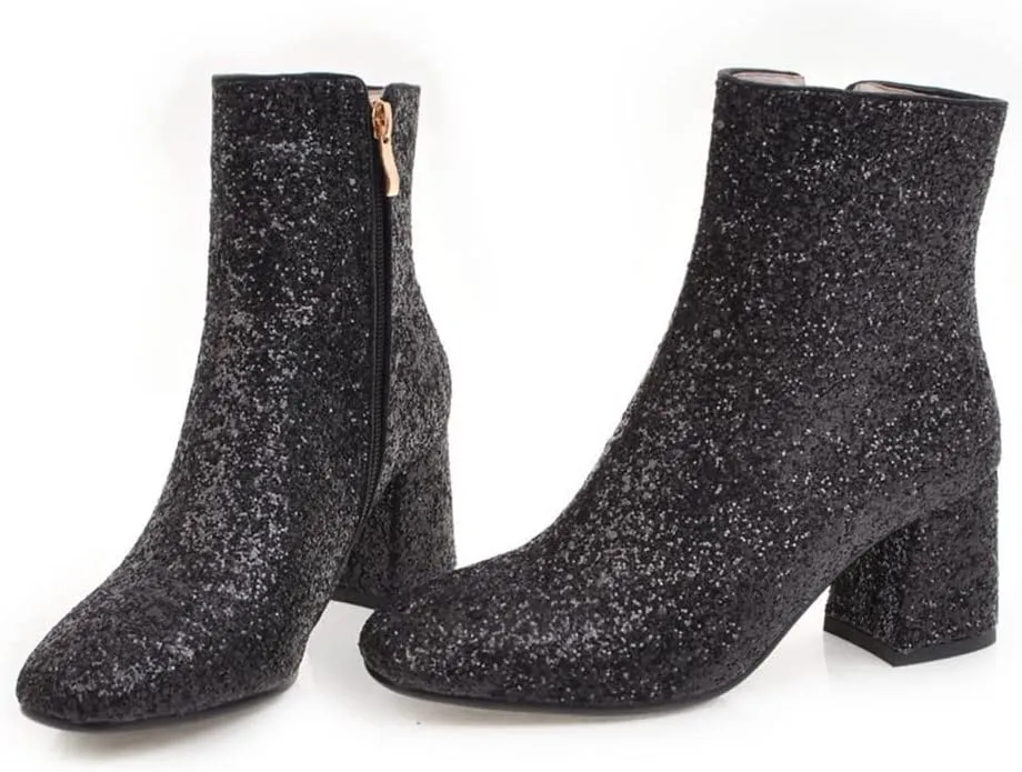 Elbslutt Women's Glitter Sparkly Booties Chunky Heels Ankle Boots Back Zipper Block Heeled Short Sequin Boots Wedding Bridal Party Dress Shoes