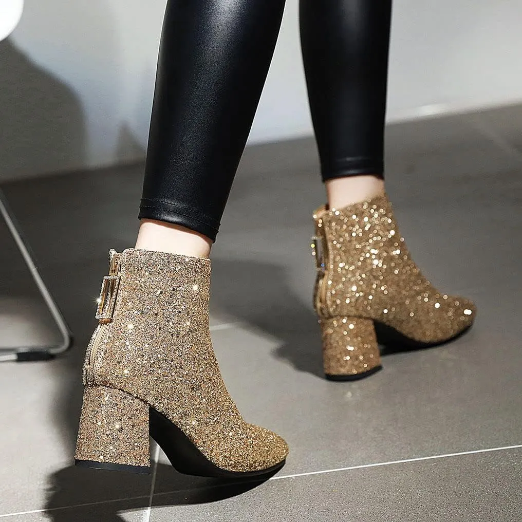 Elbslutt Women's Glitter Sparkly Booties Chunky Heels Ankle Boots Back Zipper Block Heeled Short Sequin Boots Wedding Bridal Party Dress Shoes