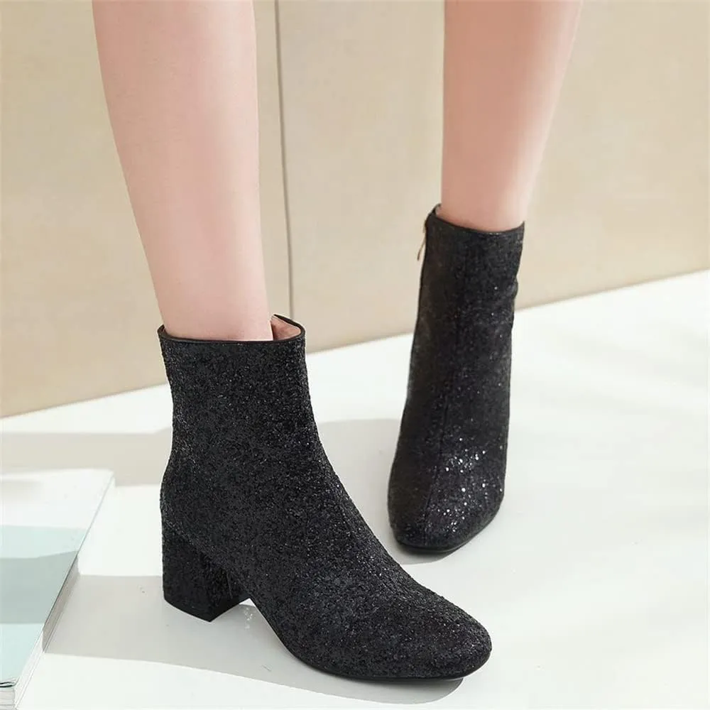 Elbslutt Women's Glitter Sparkly Booties Chunky Heels Ankle Boots Back Zipper Block Heeled Short Sequin Boots Wedding Bridal Party Dress Shoes