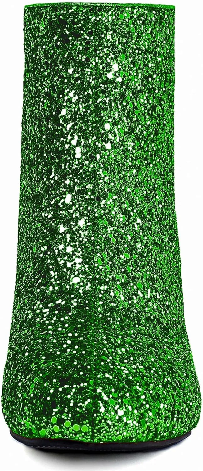 Elbslutt Women's Glitter Sparkly Booties Chunky Heels Ankle Boots Back Zipper Block Heeled Short Sequin Boots Wedding Bridal Party Dress Shoes