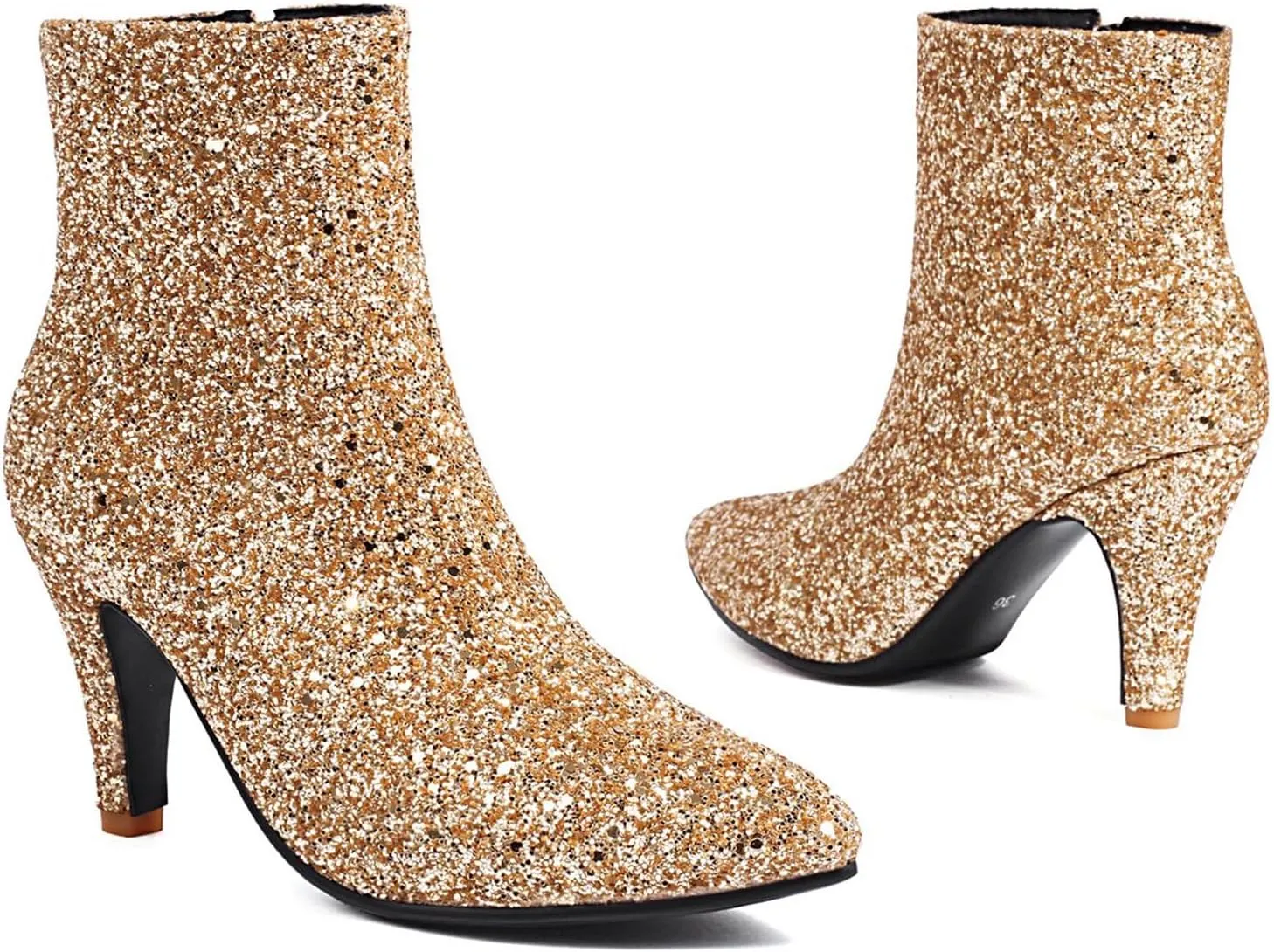 Elbslutt Women's Glitter Sparkly Booties Pointed Toe Kitten Heel Ankle Boots Side Zipper Low Mid Heeled Short Sequin Boots