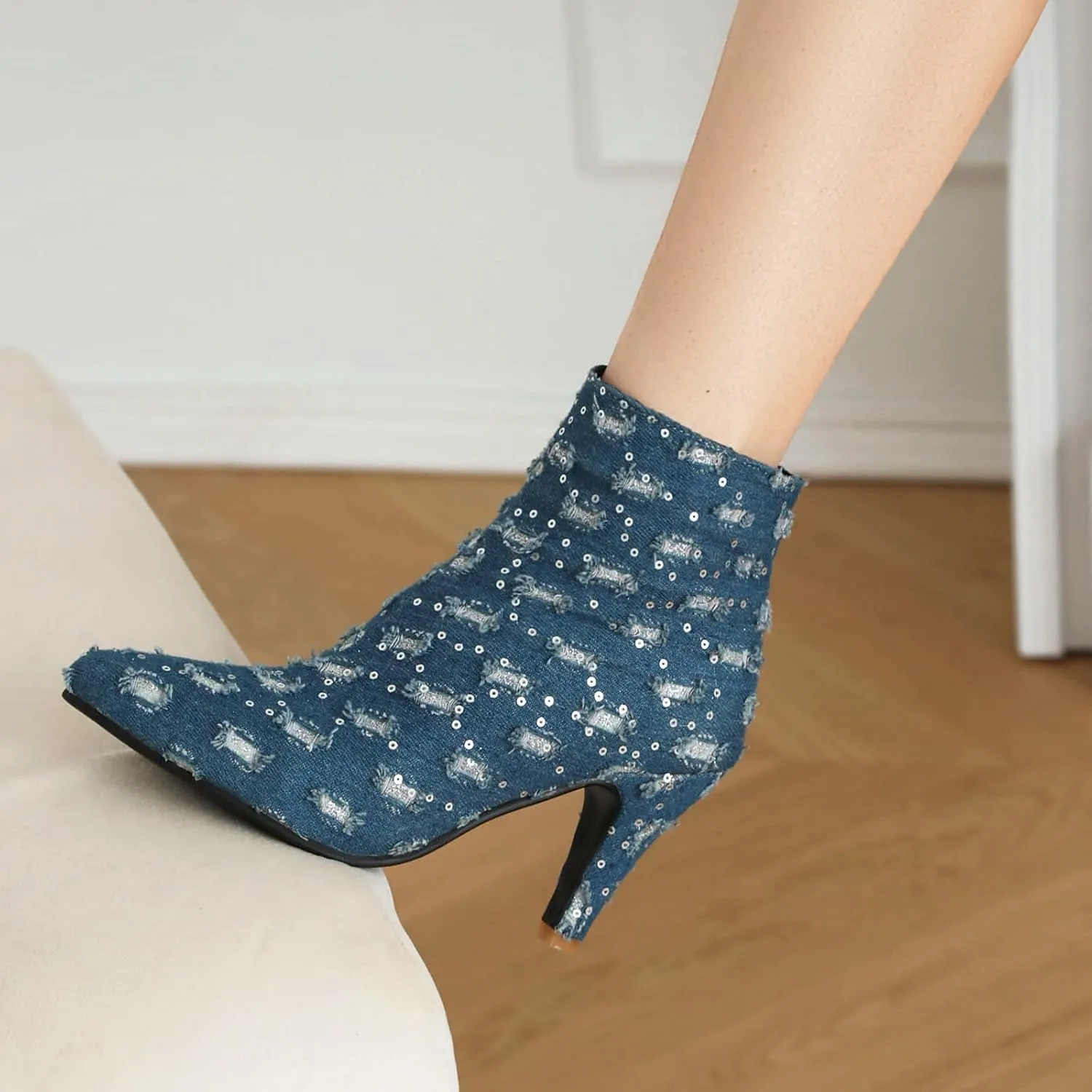 Elbslutt Women's Glitter Sparkly Booties Pointed Toe Kitten Heel Ankle Boots Side Zipper Low Mid Heeled Short Sequin Boots