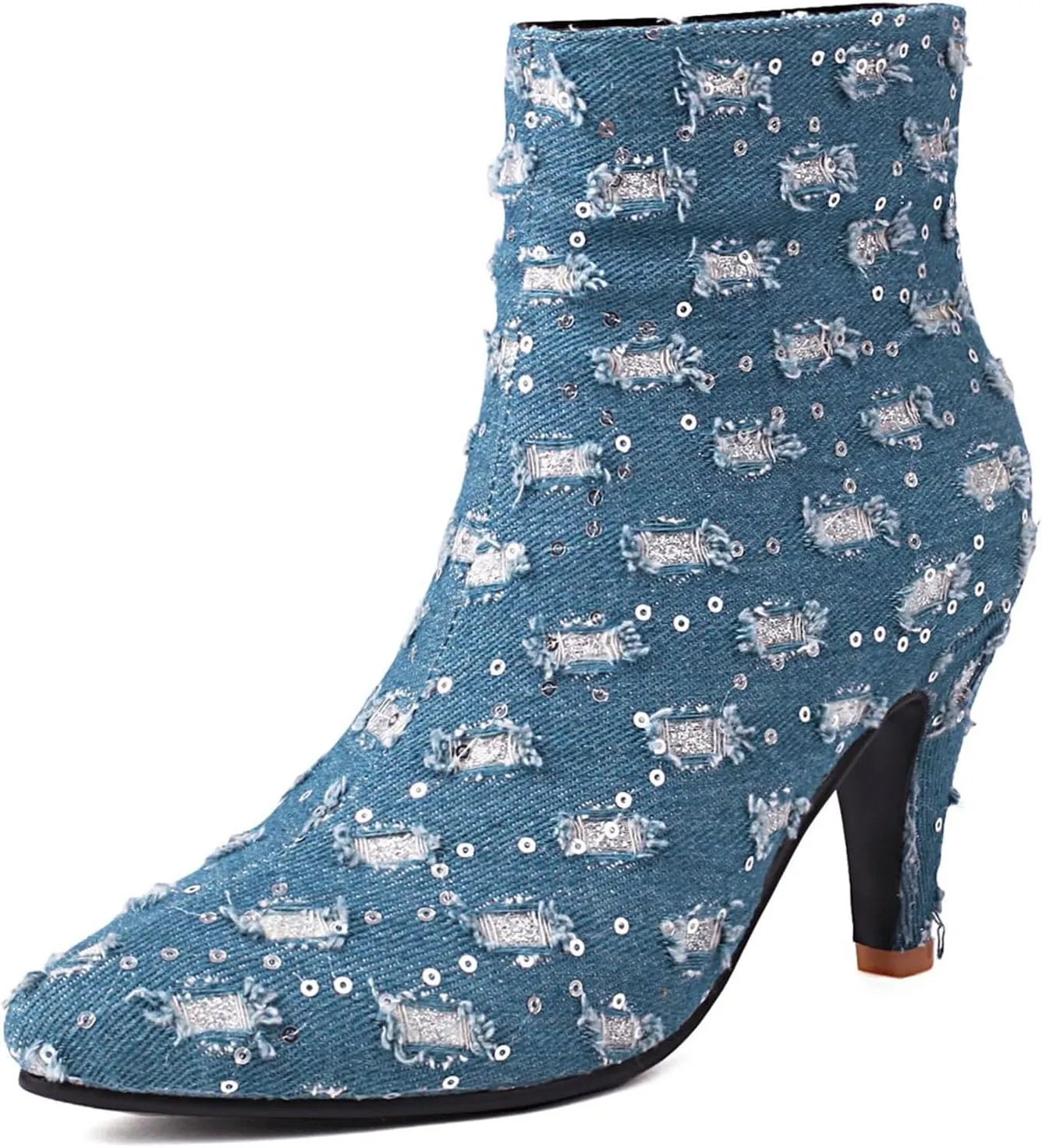 Elbslutt Women's Glitter Sparkly Booties Pointed Toe Kitten Heel Ankle Boots Side Zipper Low Mid Heeled Short Sequin Boots
