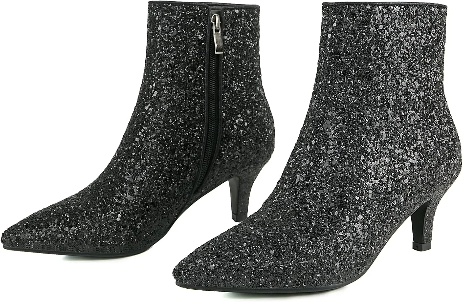 Elbslutt Women's Glitter Sparkly Booties Pointed Toe Kitten Heel Ankle Boots Side Zipper Low Mid Heeled Short Sequin Boots