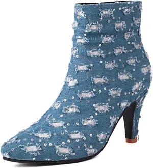 Elbslutt Women's Glitter Sparkly Booties Pointed Toe Kitten Heel Ankle Boots Side Zipper Low Mid Heeled Short Sequin Boots