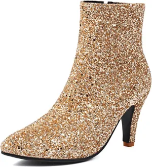 Elbslutt Women's Glitter Sparkly Booties Pointed Toe Kitten Heel Ankle Boots Side Zipper Low Mid Heeled Short Sequin Boots